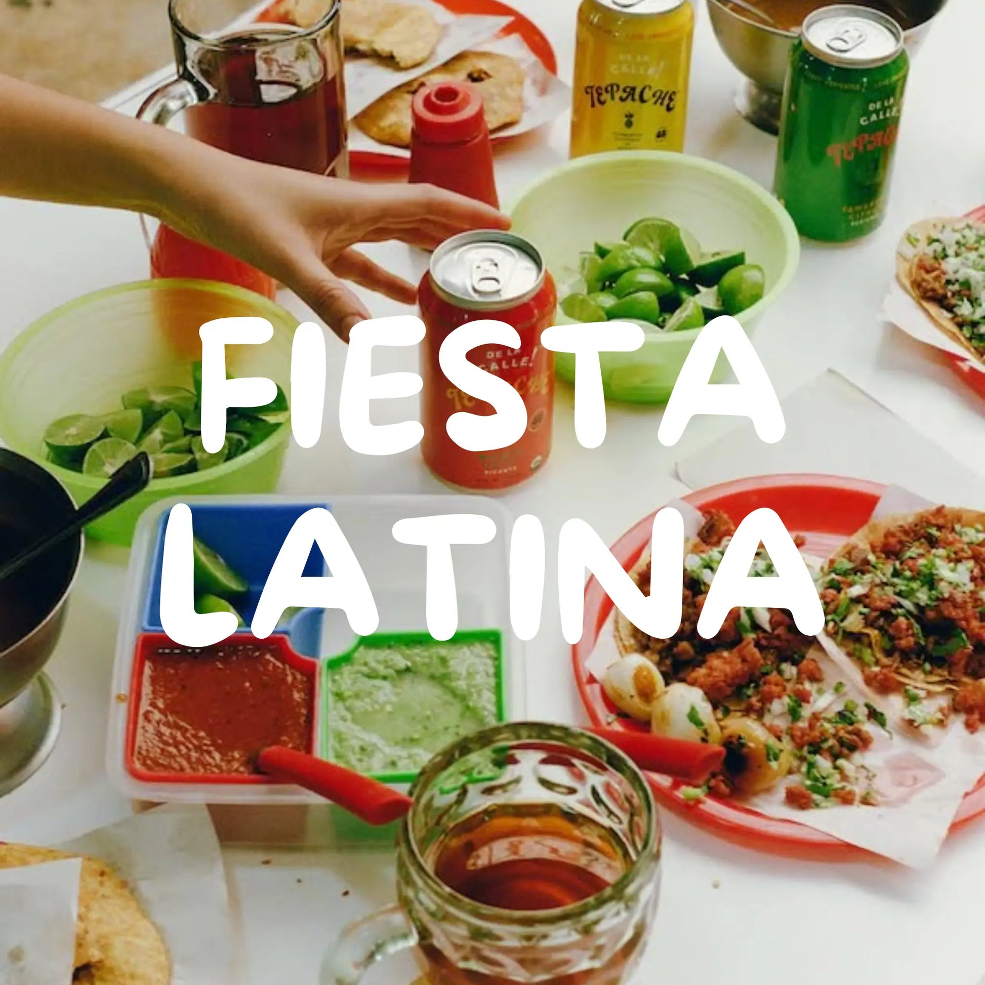 Fiesta Latina event at Wholefood Circus in Shenton Park, featuring authentic Latin American street food, fresh tacos, salsas, limes, and tepache drinks on a vibrant shared table setting.